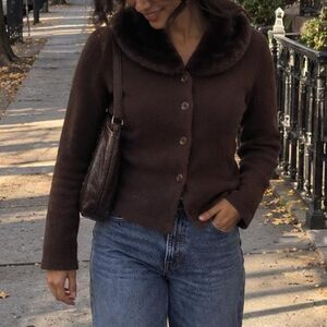 Belldini Faux Fur Collar Cardigan M Chocolate Brown 90s Y2K Vintage Glam